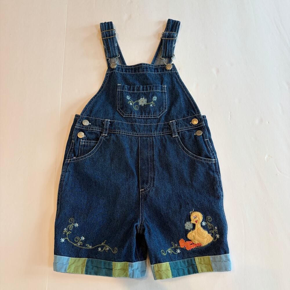 Vintage 2000s Y2K Sesame Street Big Bird Embroidered Denim Short Overalls 5T